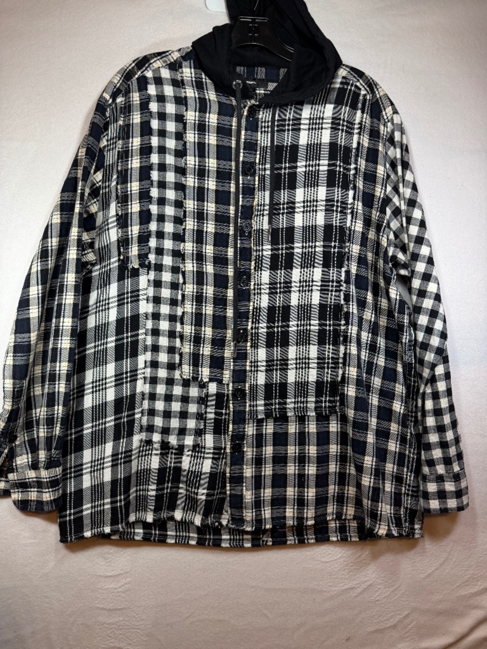 Diesel Patchwork Plaid Hooded Flannel Shirt Distressed Graphic Back